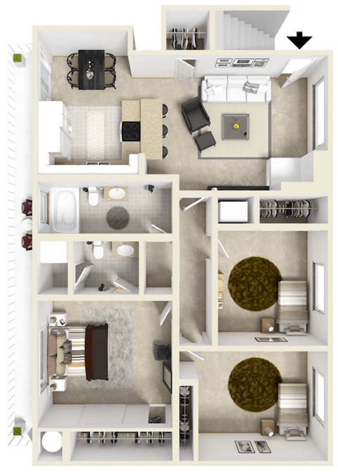 Floor plan for 2 beds, 1.5 baths, 963 sqft
